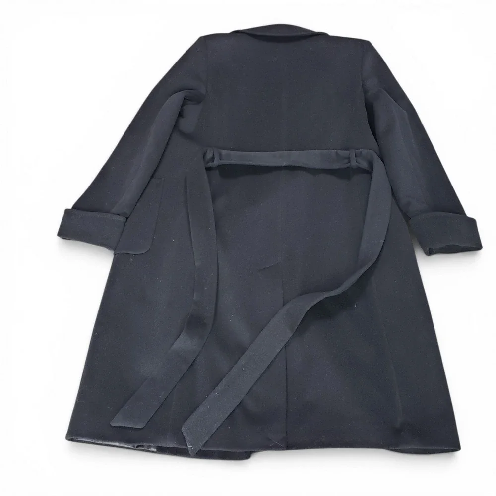 Ralph Lauren Black Wool Cashmere Wrap Belted Open Long Trench Coat Sz 14 - Picture 2 of 14